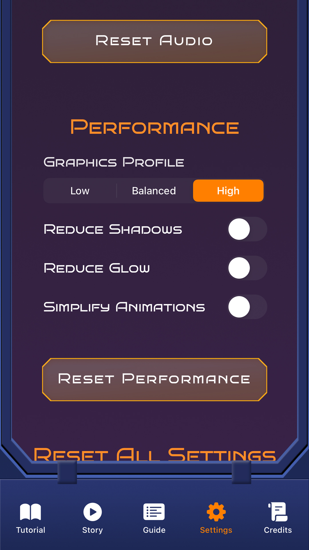 TwinSpin performance settings with graphics quality options